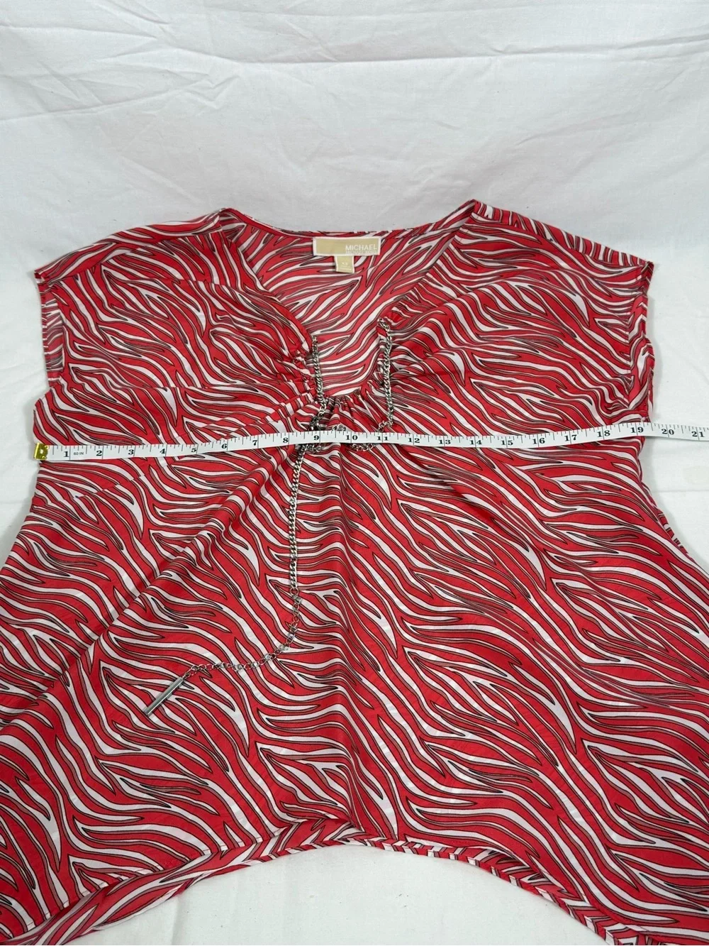 Michael Kors Geranium Red Zebra Print Chain Handkerchief Hem Blouse Top EUC